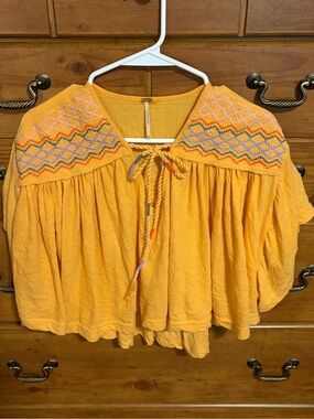 Free People Yellow Embroidered Tie-Front Crop Top